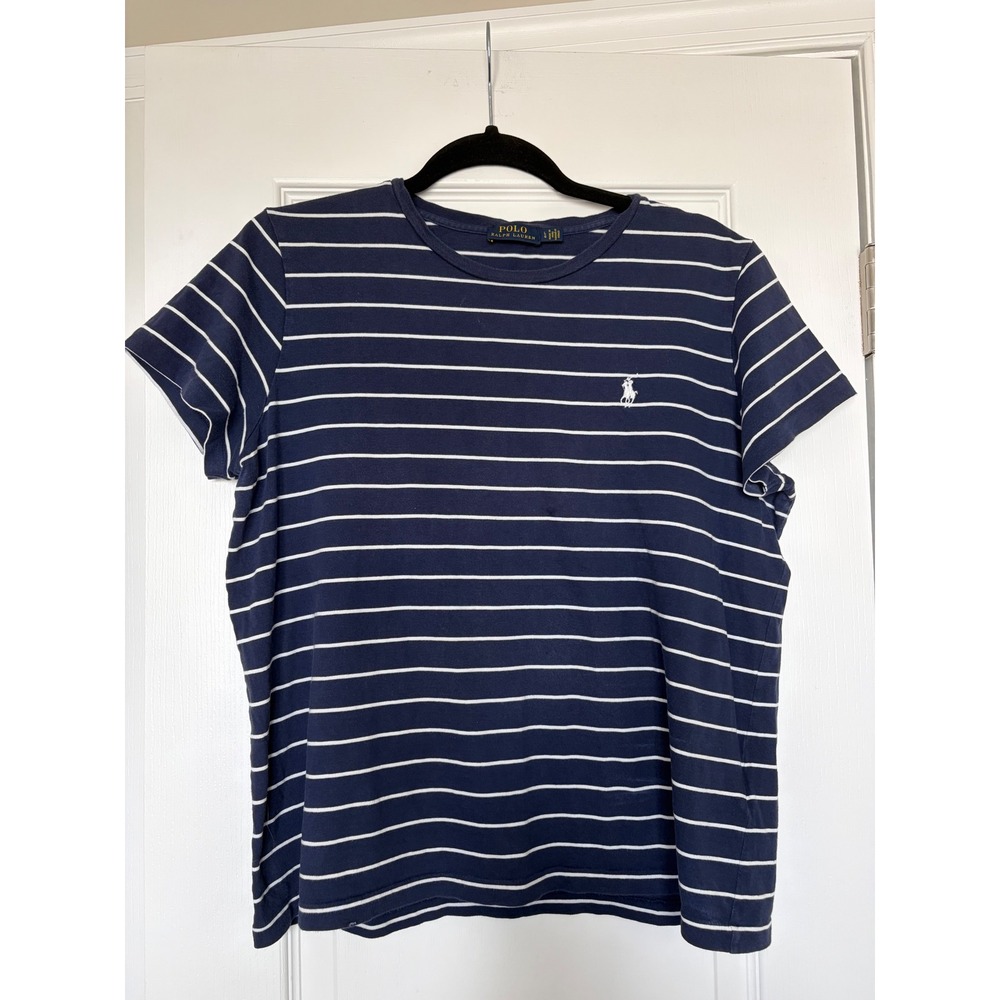 Polo Ralph Lauren Navy Blue White Striped Cotton T-Shirt Large Pony Logo Tee